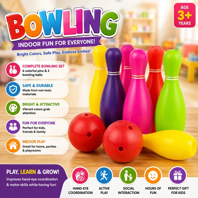 Kids Bowling Set for Children 3+ Years | 6 Colorful Bowling Pins & 2 Bowling Balls | Indoor Outdoor Play Toy | Bright Multicolor Plastic Bowling Game for Boys & Girls