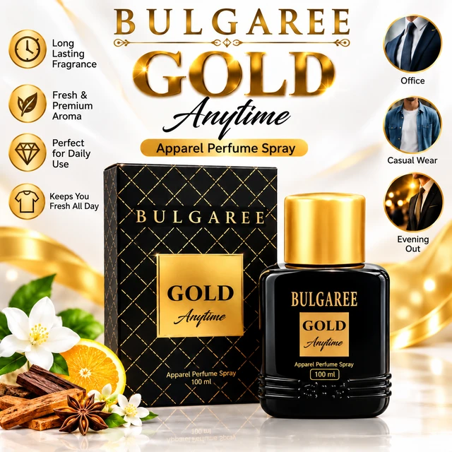 Bulgaree Gold Anytime Apparel Perfume Spray 100 ml for Men, Premium Fragrance for Office, Casual Wear and Evening Out, Elegant Black and Gold Bottle