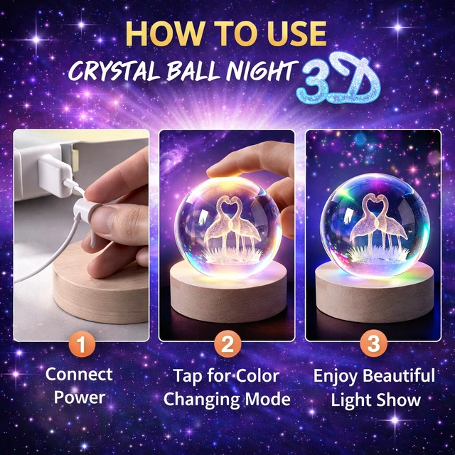 Crystal Ball Night Light 3D LED Lamp with Wooden Base – Laser Engraved Flamingo Design, USB Powered Decorative Bedside Lamp for Bedroom, Living Room & Gift