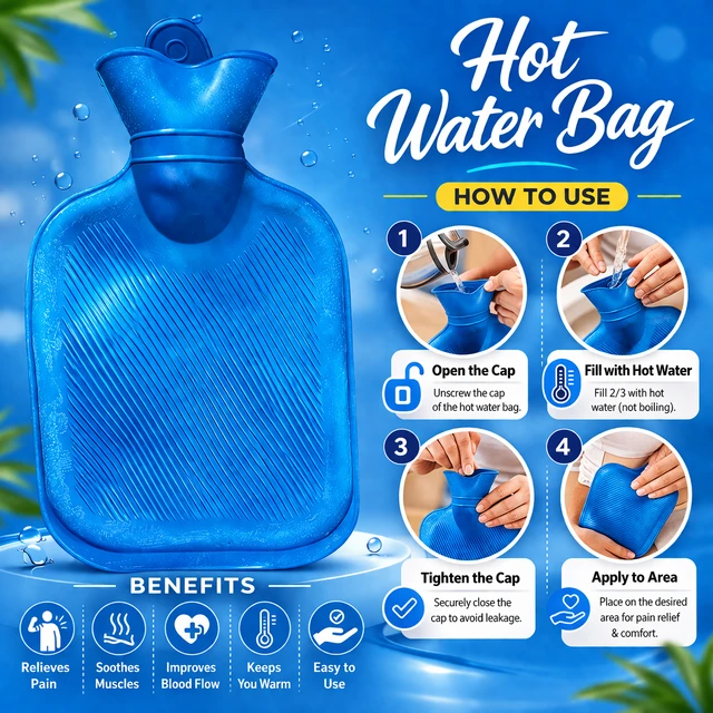 Hot Water Bag for Pain Relief 500 ml (Random colours)| Leak-Proof Rubber Heat Bag | Multipurpose Heating Pad for Back Pain, Cramps & Muscle Relief | Durable & Reusable Hot Water Bottle