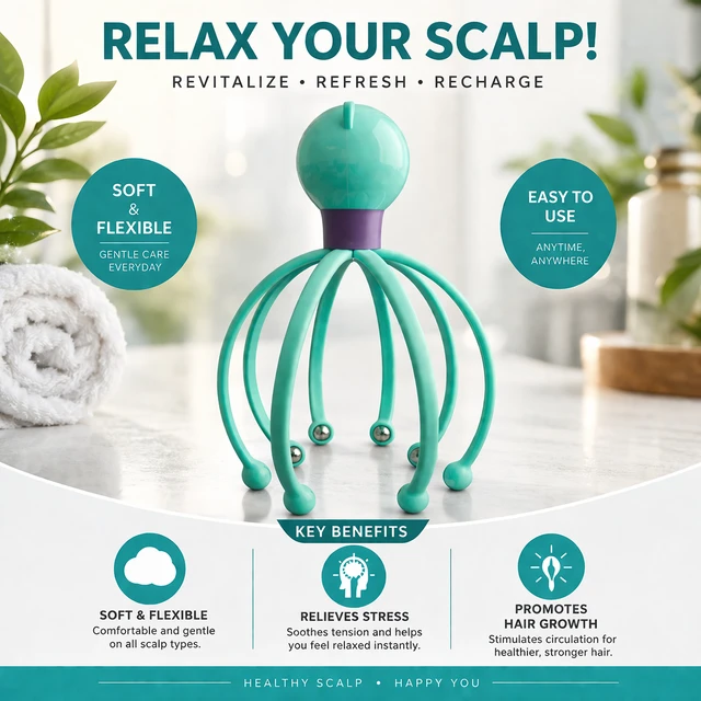 Scalp Massager ( RANDOM COLOURS) – Soft Flexible Hair Massage Tool for Stress Relief, Hair Growth & Relaxation | Manual Head Massager with Metal Beads | BOKOMO (Portable & Easy to Use)