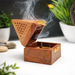 Wooden Pyramid Incense Holder Box with Brass Lock | Handcrafted Sheesham | Smoke Flow Design for Home, Office & Pooja Room