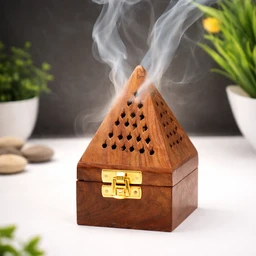 Wooden Pyramid Incense Holder Box with Brass Lock | Handcrafted Sheesham | Smoke Flow Design for Home, Office & Pooja Room