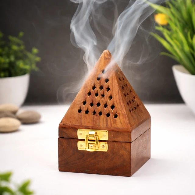 Wooden Pyramid Incense Holder Box with Brass Lock | Handcrafted Sheesham | Smoke Flow Design for Home, Office & Pooja Room