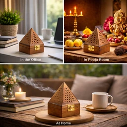 Wooden Pyramid Incense Holder Box with Brass Lock | Handcrafted Sheesham | Smoke Flow Design for Home, Office & Pooja Room