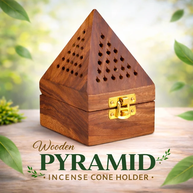 Wooden Pyramid Incense Holder Box with Brass Lock | Handcrafted Sheesham | Smoke Flow Design for Home, Office & Pooja Room