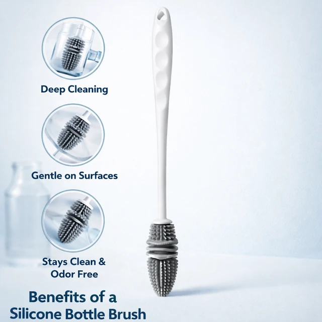Silicone Bottle Cleaning Brush with Long Handle | Flexible Multi-Use Cleaner for Baby Bottles, Water Bottles, Glassware & Kitchen Utensils | Durable Non-Scratch Bristles | Easy Grip Handle