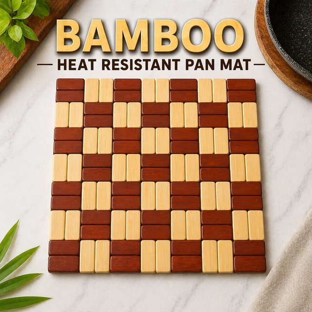 Bamboo Heat Resistant Pan Mat Set of-2 size:-20*20 cm| Wooden Trivet for Hot Pots & Pans | Non-Slip Kitchen Table Protector | Stylish Square Heat Pad for Dining & Cooking Use