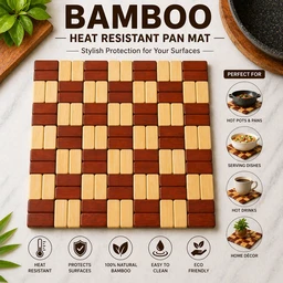 Bamboo Heat Resistant Pan Mat Set of-2 size:-20*20 cm| Wooden Trivet for Hot Pots & Pans | Non-Slip Kitchen Table Protector | Stylish Square Heat Pad for Dining & Cooking Use