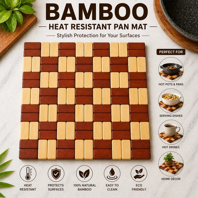 Bamboo Heat Resistant Pan Mat Set of-2 size:-20*20 cm| Wooden Trivet for Hot Pots & Pans | Non-Slip Kitchen Table Protector | Stylish Square Heat Pad for Dining & Cooking Use