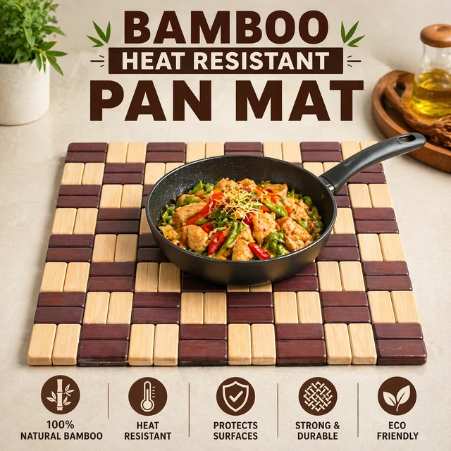 Bamboo Heat Resistant Pan Mat Set of-2 size:-20*20 cm| Wooden Trivet for Hot Pots & Pans | Non-Slip Kitchen Table Protector | Stylish Square Heat Pad for Dining & Cooking Use
