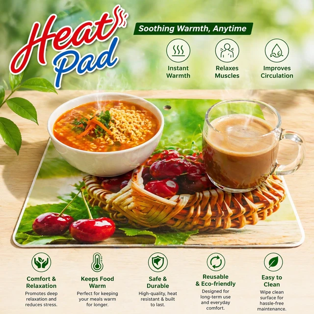 Heat Pad Multipurpose Heating Mat for Hot Pots, Bowls & Cups SIZE:-17*17 CMS| Reusable Heat Retention Pad | Portable Food Warmer Mat (Cherry Design)