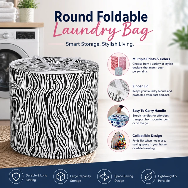 Round Foldable Laundry Bag with Handles (RANDOM COLOURS) – Portable Clothes Storage Basket for Home, Travel & Washing – Durable, Lightweight & Space Saving Design