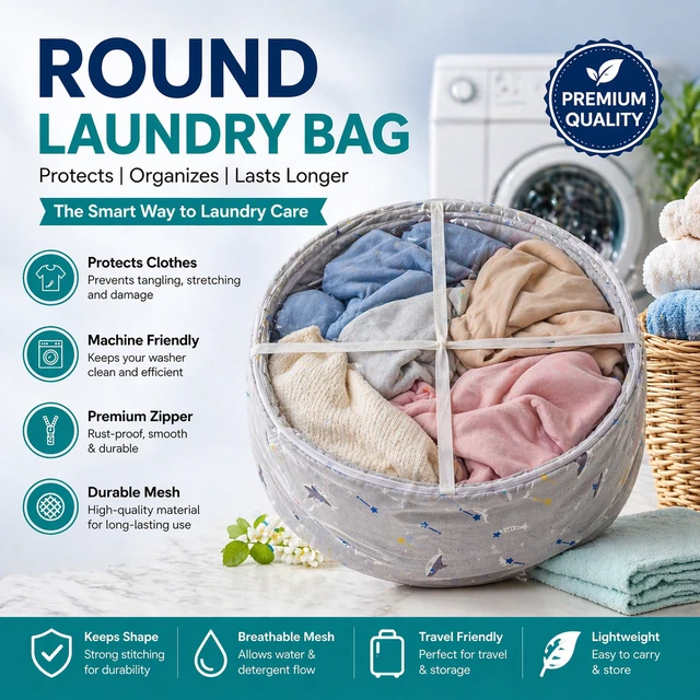 Round Foldable Laundry Bag with Handles (RANDOM COLOURS) – Portable Clothes Storage Basket for Home, Travel & Washing – Durable, Lightweight & Space Saving Design