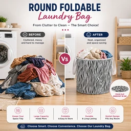 Round Foldable Laundry Bag with Handles (RANDOM COLOURS) – Portable Clothes Storage Basket for Home, Travel & Washing – Durable, Lightweight & Space Saving Design
