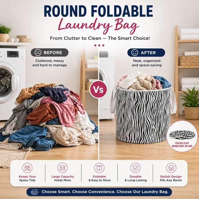 Round Foldable Laundry Bag with Handles (RANDOM COLOURS) – Portable Clothes Storage Basket for Home, Travel & Washing – Durable, Lightweight & Space Saving Design
