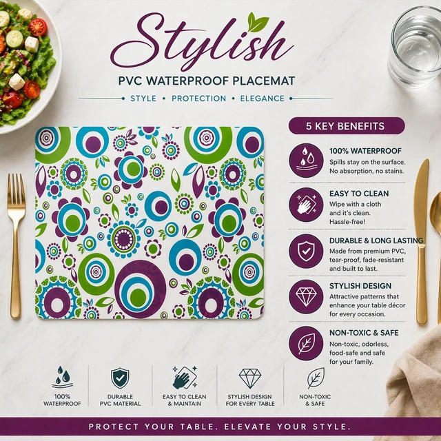 Multipurpose Set of 6 PVC Waterproof Placemats 44*28 cm/Table Mats for Dining Table ( Size: 44x29 cm)- Random colours