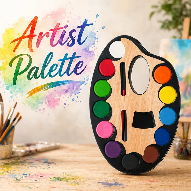 Artist Palette Watercolor Paint Set with Brush – 12 Vibrant Colors (Small) Size | Wooden Palette Design | Kids Painting Kit | Non-Toxic Art Supplies for School & Hobby - 1 Piece