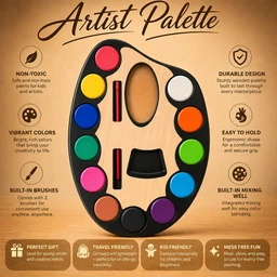 Jades Artist Palette Water Colour Set (Medium) SizeWIith Brush – 12 Vibrant Colours Kids Painting Kit (Model YSZ-144)