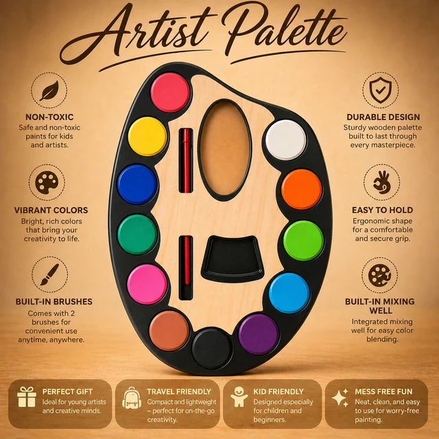 Jades Artist Palette Water Colour Set (Medium) SizeWIith Brush – 12 Vibrant Colours Kids Painting Kit (Model YSZ-144)