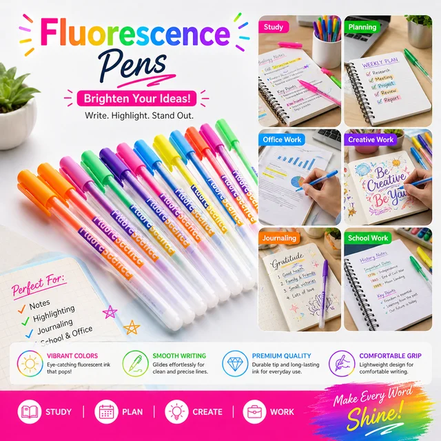 Fluorescent Gel Pen12 Colors Set – 0.8mm Fine Tip Colorful Smooth Writing Pens for School, Office, Journaling & Art (Multicolor Pack)