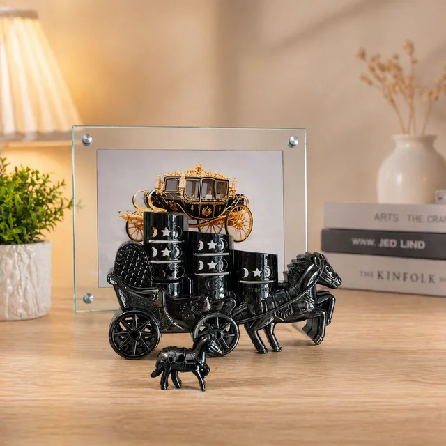Luxury Royal Horse Carriage Decorative Showpiece with Glass Photo Frame & Candle Holders Set – Premium Black Vintage Home Decor Accent for Living Room, Office & Gifting