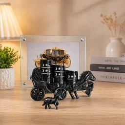 Luxury Royal Horse Carriage Decorative Showpiece with Glass Photo Frame & Candle Holders Set – Premium Black Vintage Home Decor Accent for Living Room, Office & Gifting