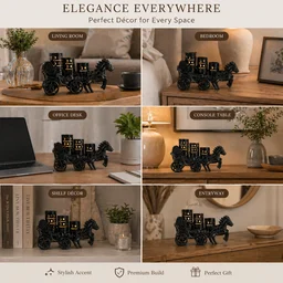 Luxury Royal Horse Carriage Decorative Showpiece with Glass Photo Frame & Candle Holders Set – Premium Black Vintage Home Decor Accent for Living Room, Office & Gifting