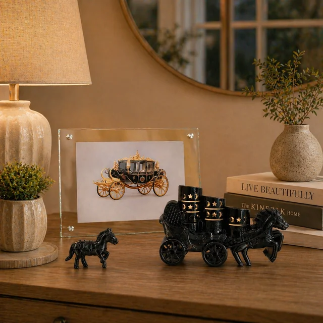 Luxury Royal Horse Carriage Decorative Showpiece with Glass Photo Frame & Candle Holders Set – Premium Black Vintage Home Decor Accent for Living Room, Office & Gifting