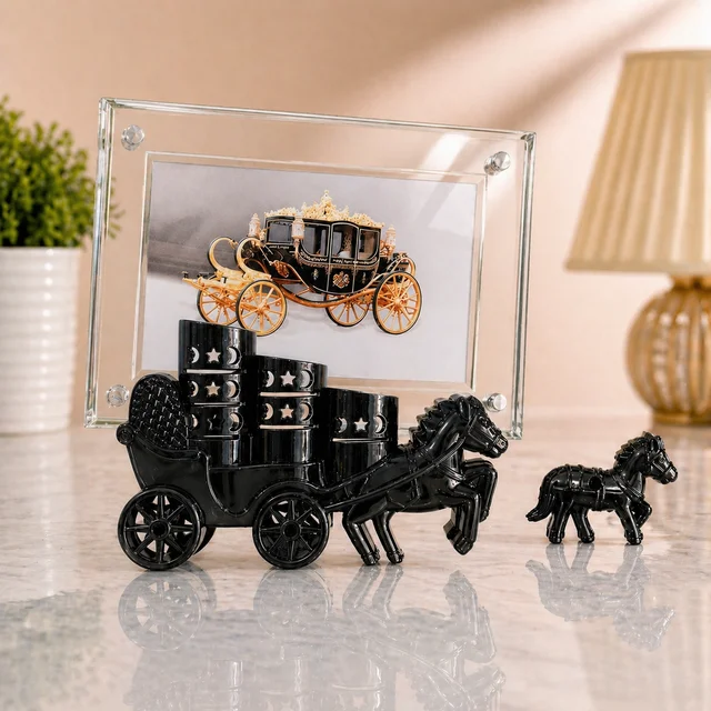 Luxury Royal Horse Carriage Decorative Showpiece with Glass Photo Frame & Candle Holders Set – Premium Black Vintage Home Decor Accent for Living Room, Office & Gifting