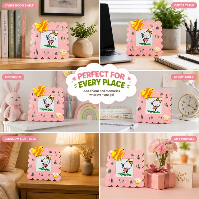 Cute Kids Decorative Photo Frame with Cartoon Design | Pink Wooden Picture Frame for Children | Tabletop & Wall Mount Display | Ideal Gift for Kids Room Décor 15*15 CMS