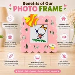 Cute Kids Decorative Photo Frame with Cartoon Design | Pink Wooden Picture Frame for Children | Tabletop & Wall Mount Display | Ideal Gift for Kids Room Décor 15*15 CMS