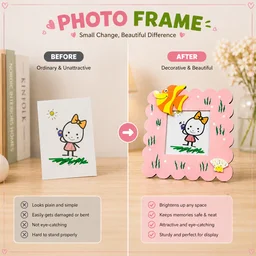 Cute Kids Decorative Photo Frame with Cartoon Design | Pink Wooden Picture Frame for Children | Tabletop & Wall Mount Display | Ideal Gift for Kids Room Décor 15*15 CMS
