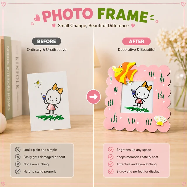 Cute Kids Decorative Photo Frame with Cartoon Design | Pink Wooden Picture Frame for Children | Tabletop & Wall Mount Display | Ideal Gift for Kids Room Décor 15*15 CMS