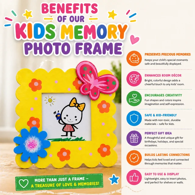 Kids Decorative Photo Frame for Table & Wall 15*15 CMS – Cute Cartoon Design with Butterfly & Flower Theme – Colorful Memory Frame for Kids Room Decor