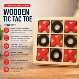 Wooden Tic Tac Toe Game ( RANDOM COLOURS) – Classic XOXO Board Game for Kids & Adults | Portable Travel Puzzle Game | Educational Brain Teaser Toy for Home, Office & Gifting