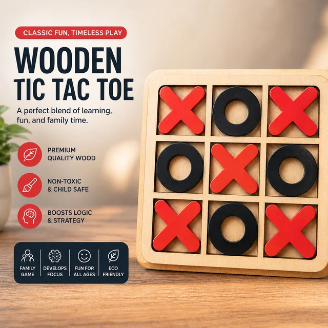 Wooden Tic Tac Toe Game ( RANDOM COLOURS) – Classic XOXO Board Game for Kids & Adults | Portable Travel Puzzle Game | Educational Brain Teaser Toy for Home, Office & Gifting