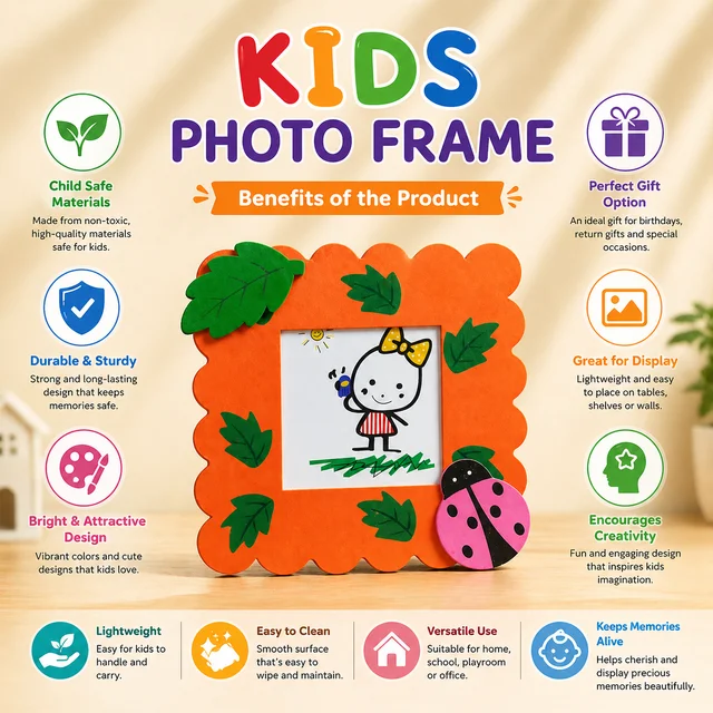 Kids Decorative Photo Frame | Handmade Cartoon Photo Frame with Leaf & Ladybug Design | Cute Wall & Table Decor for Kids Room | Gift for Babies & Children