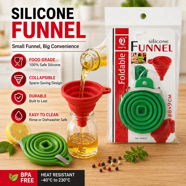 Collapsible Silicone Funnel 1- PIECE | Foldable Kitchen Funnel for Liquid & Dry Transfer | Food-Grade, Space-Saving Design (9 cm)