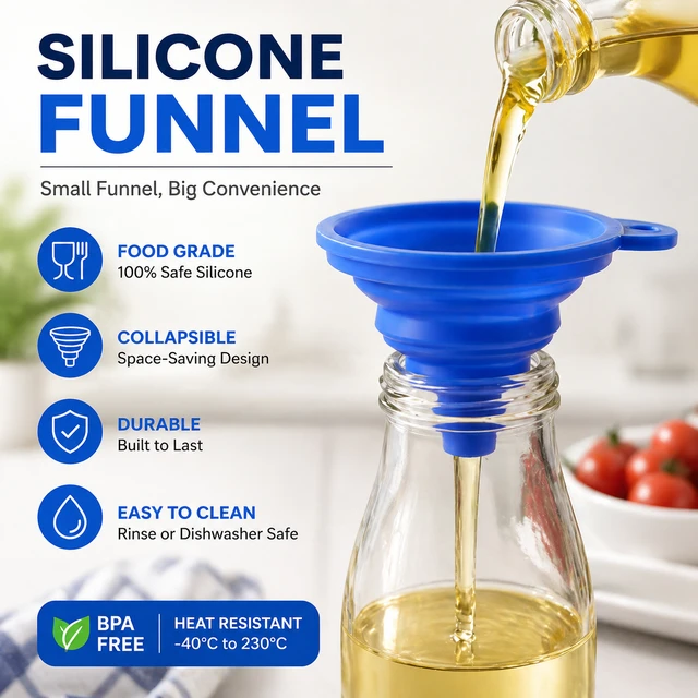 Collapsible Silicone Funnel 1- PIECE | Foldable Kitchen Funnel for Liquid & Dry Transfer | Food-Grade, Space-Saving Design (9 cm)
