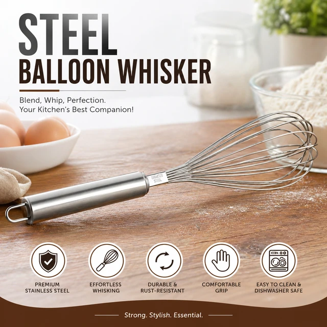 Premium Stainless Steel Balloon Whisk – Heavy-Duty Manual Egg Beater & Premium Stainless Steel Balloon Whisk – Heavy-Duty Manual Egg Beater & Mixing Whisk with Ergonomic Handle for Kitchen Baking & CookingVMixing Whisk with Ergonomic Handle for Kitchen Baking & Cooking