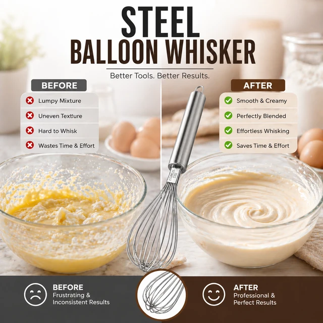 Premium Stainless Steel Balloon Whisk – Heavy-Duty Manual Egg Beater & Premium Stainless Steel Balloon Whisk – Heavy-Duty Manual Egg Beater & Mixing Whisk with Ergonomic Handle for Kitchen Baking & CookingVMixing Whisk with Ergonomic Handle for Kitchen Baking & Cooking