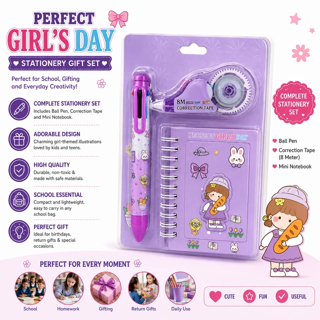 Perfect Girl’s Day Stationery Gift Set for Girls, Cute Ball Pen, 8 Meter Correction Tape, Mini Spiral Notebook & Adorable Doll Topper, School Supplies, Writing & Creative Gift Set