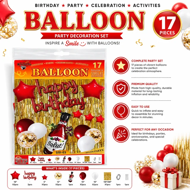 17-Piece Birthday Balloon Decoration Set with Happy Birthday Balloons, Red & White Balloons, Confetti Balloons, Star Balloons & Decorative Fringe Curtain for Birthday Parties and Celebrations