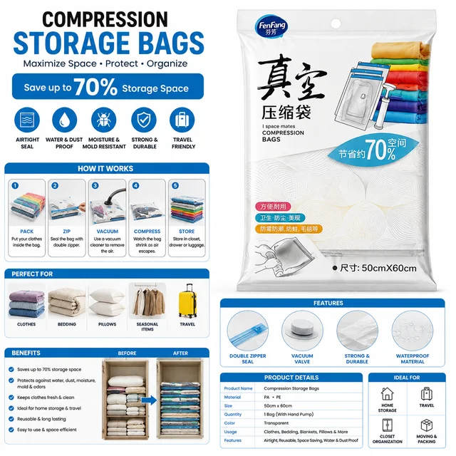 Compression Storage Bag 50 x 60 cm with Double-Zip Seal & Vacuum Valve – Space-Saving Organizer for Clothes, Blankets, Bedding, Pillows & Travel Storage
