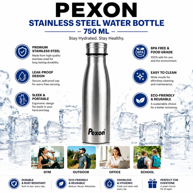 Pexon Stainless Steel Water Bottle 750 ML – Durable, Leak-Proof & Reusable Bottle for Gym, Office, School & Outdoor Use
