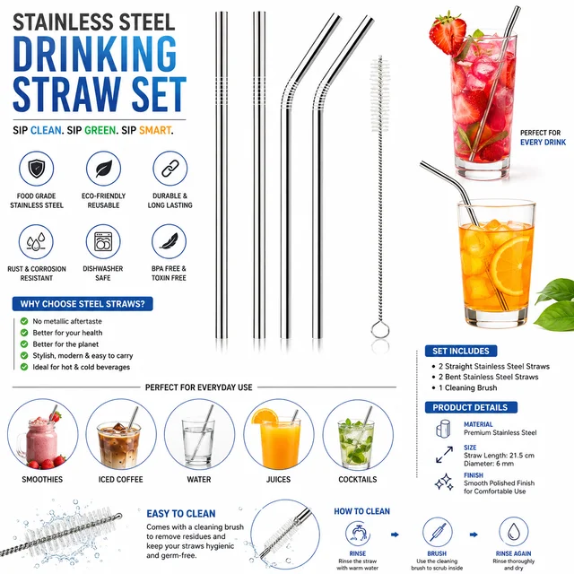 Reusable Stainless Steel Drinking Straws Set of 4 with Cleaning Brush | 2 Straight & 2 Bent Straws | 21.5 cm Long, 6 mm Diameter | For Smoothies, Juices, Cold Drinks & Beverages