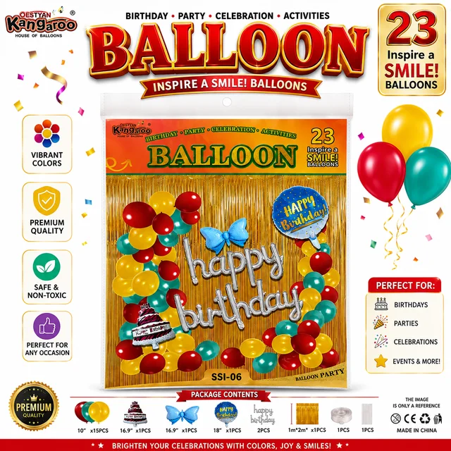 23 PCS Happy Birthday Party Decoration Balloon Kit with Foil Letter Balloons, Metallic Fringe Curtain, Balloon Garland, Cake Foil Balloon, Bow Foil Balloon, Round Birthday Foil Balloon & Accessories for Home, Office & Event Decoration