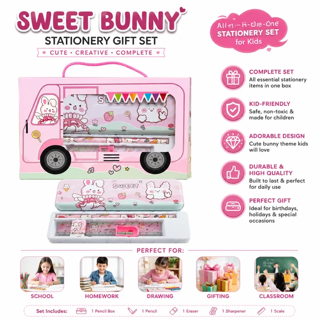 Sweet Bunny Kids Stationery Set with Cute Bunny-Themed Pencil Box, Pencil, Eraser, Sharpener & Ruler | All-in-One School & Study Kit for Kids | Perfect Gift Set for Girls & Boys