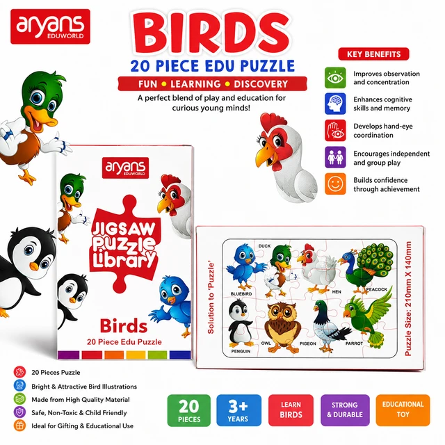 Aryans Eduworld Birds 20 Piece Jigsaw Puzzle for Kids 3+ Years | Educational Bird Learning Puzzle | Bright & Attractive Bird Illustrations | Cognitive Development, Observation & Hand-Eye Coordination Toy | Strong & Durable Educational Game